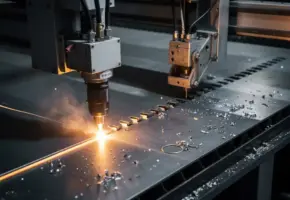 Lasersnijkop snijdt staalplaat terwijl mechanische knabbelaar precisie-inkepingen maakt op dezelfde industriële werktafel.