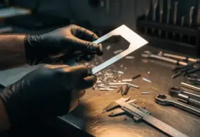 Handschoenende technicus inspecteert lasergesneden metaalonderdeel onder fabrieksverlichting, meetgereedschap op stalen werkbank.
