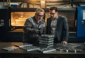 Fabrieksingenieur en klant beoordelen lasergestanste metalen onderdelen op stalen werkbank, industriële lasersnijmachine op achtergrond.