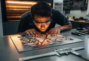 Ingenieur met veiligheidsbril inspecteert lasergestanst metaalplaat, schuifmaat op werktafel, industriële lasersnijmachine op achtergrond.