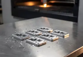 Nauwkeurig lasergestanste metalen onderdelen op geborsteld stalen werkblad, met fijn snijafval en een lasersnijder op de achtergrond.