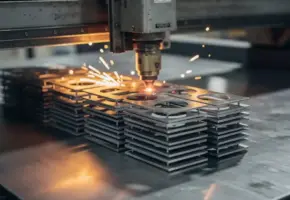 Lasergesneden metaalplaat verlaat industriële snijmachine, identieke componenten op rij op stalen werkoppervlak, vonken zichtbaar in de lucht.