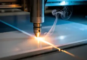 Laserkop snijdt precisielijn in transparant kunststof plaat, met lichtgevend snijspoor en rookpluim op industriële machinetafel.