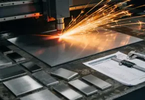 Lasersnijmachine snijdt roestvrijstalen plaat met oranje vonken op industriële werkbank met metaalmonsters, schuifmaat en materiaalspecificaties.