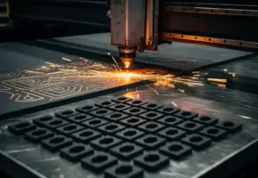 Lasermachine snijdt industrieel rubber in identieke geometrische vormen, oranje vonken spatten op donkere fabrieksloer.