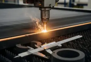 Precisielasermachine snijdt industrieel rubber met gloeiende amberkleurige laserstraal, rookpluim en schuifmaat op afgewerkte onderdelen.