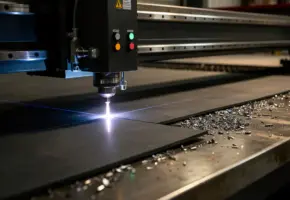 Lasersnijkop snijdt nauwkeurig door donker rubber, met een mechanisch scheermes en metaalresten op de stalen werktafel op de achtergrond.