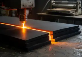 Lasersnijkop snijdt nauwkeurig door dik rubberen vel met oranje laserstraal, geometrische vormen en handmatig snijgereedschap op achtergrond.