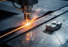 Laserkopsnijder snijdt industrieel rubber met gloeiende oranje snijlijn, stansen op metalen werktafel op de achtergrond.