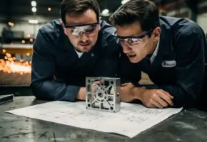 Lasersnijspecialist en ingenieur bestuderen technische tekening op stalen werkbank met precisieonderdeel, oranje vonken op de achtergrond.