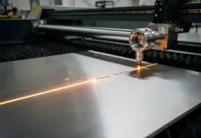 Lasersnijmachine snijdt roestvrijstalen plaat terwijl een metalen buis in roterende klem wacht, amberkleurig laserlicht in industriële werkruimte.