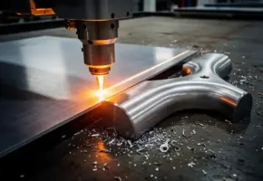 Lasersnijkop bewerkt plat staalplaat en gebogen 3D-metaalonderdeel op werkshopvloer, gloeiend oranje laserpunt met metaalspanen.