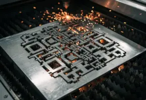 Stalen plaat met nauwkeurig geneste lasersnijdelen op industriële snijmachine, vonken verlichten de metalen randen.