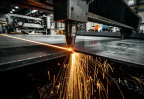 Lasersnijkop snijdt door dik staalplaat met oranje vonken die neervallen op industriële machinebedvloer.