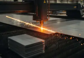 Lasersnijmachine snijdt nauwkeurig door staalplaat met gloeiende oranje laserstraal op industriële fabrieksvloer.