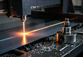 Lasersnijmachine snijdt stalen plaat met oranje laserstraal, naast een freesgereedschap op industriële werkbank met metaalspanen.