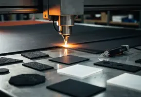Laserkopkop snijdt door donker rubber op stalen werktafel, naast plottermes en uitgeknipte vilt- en plasticsamples.