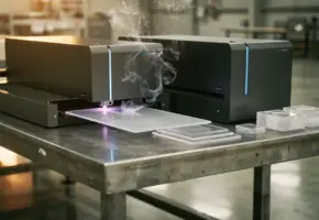 Twee lasersnijmachines op een industriële werkbank snijden transparant acrylplastic, met zichtbare laserstraal en fijne rook.