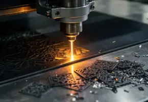Lasersnijkop boven donkere metaalplaat die sierlijke geometrische patronen snijdt, met gloeiende amberkleurige laserstraal in industriële werkplaats.