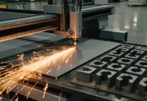 Lasersnijmachine snijdt stalen plaat met oranje vonkenspoor, precisie-gesneden geometrische componenten op industriële werkbank op de voorgrond.