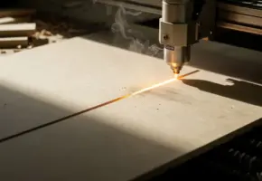 Laserkophouder snijdt nauwkeurig door een MDF-plaat, met fijn houtstof en dunne rook langs de gloeiende snijlijn.