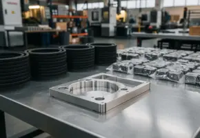 Lasergestanst metalen onderdeel op stalen werktafel, omringd door rubberen pakkingen en verpakte componenten in industriële productiehal.