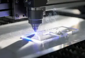Lasersnijmachine snijdt geometrische vormen in transparant acrylplaat, met blauw laserstraal en lichte rookwisps langs de snijrand.