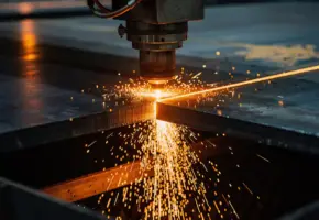 Lasersnijtop snijdt door dik Hardox staalplaat met spattende oranje vonken in industriële werkplaats.