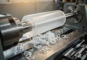 Precisiedraaibank bewerkt transparante plastic cilinder, krullende spaanders op stalen machinebad in industriële werkplaats.