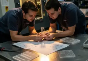 Twee engineers bekijken precisie-gesneden kunststof onderdeel op werkbank met technische tekeningen en lasersnijmonsters in industriële werkplaats.