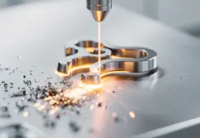 Precisie lasersnijden van een titanium medisch implantaat, met gloeiende snijstraal en metaaldeeltjes op klinisch werkoppervlak.