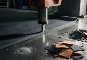 Industriële ponspers die een dik rubberen vel doorsnijdt, met verspreid leer en vilt op een stalen werktafel.