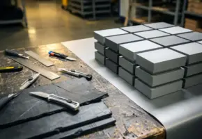 Versleten snijwerkbank met handgereedschap en rubberen platen naast precisiegesneden industriële componenten in nette verpakking op een fabriekswerkvloer.