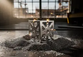 Lasergestanst stalen constructiebeugel met geometrische uitsparingen op industriële werkbank, omgeven door metaalstof en bevroren vonken.
