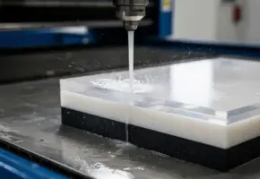 Hogedruk waterstraal snijdt door gestapelde plastic platen van acryl, nylon en HDPE op een industriële snijttafel.