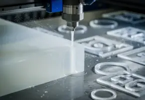 Waterjet snijkop die nauwkeurig een dikke transparante kunststofplaat doorsnijdt, met fijne waterdruppels en geometrische vormen op stalen werktafel.