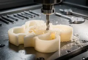 CNC-freesmachine snijdt nauwkeurige contouren in een doorschijnend wit kunststof onderdeel met krullende polymeersnippers.