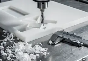 CNC-freesbit die geometrische vormen in wit kunststof freest, met krullende spanen en een schuifmaat op stalen werktafel.