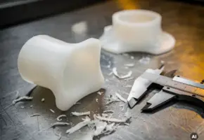 Vervormd oversized CNC-gefreesd kunststof onderdeel naast precisie schuifmaat en vlekkeloos gefreesd component op stalen werkoppervlak.