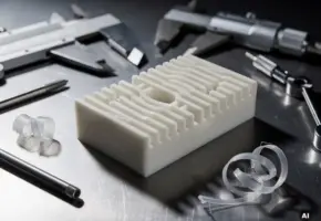 Precisiefreesd plastic onderdeel met machinale groeven, omringd door metalen schuifmaten op stalen werkoppervlak.