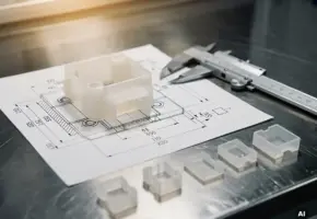 Technische tekening van kunststof onderdeel op stalen werkbank met schuifmaat en spuitgegoten plastic componenten in fabrieksverlichting.