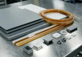 Precisiegesneden kunststof platen, flexibele strips en gegoten onderdelen op een industriële stalen werkbank.