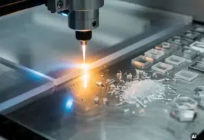 Lasercuttingmachine snijdt nauwkeurig door transparant acrylplaat met gloeiende laserstraal, geometrische teststukken op stalen werkvlak.