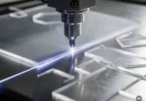 Precisielasercutter snijdt geometrische vormen in transparant plastic, blauwe lasergloed en rookwisps boven stalen werkvlak.