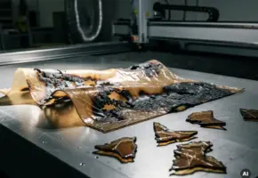 Vervormd en verkoolde kunststofplaat op lasersnijtafel, omgeven door afvalstukken acryl met gesmolten randen en scheuren.