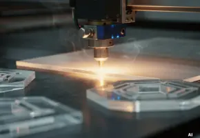 Laserbundel snijdt door transparant acrylplaat op industriële snijmat, met geometrische componenten en lichte rookwisps zichtbaar.