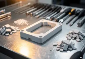Nauwkeurig gefreesd plastic onderdeel op gepolijste stalen werkbank, omringd door snijgereedschap en materiaalresten in warm industrieel licht.
