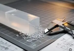 Doorschijnend plastic prototype-onderdeel op snijmat, omgeven door plastic krullen en roestvrijstalen schuifmaat, technische tekening zichtbaar op de achtergrond.
