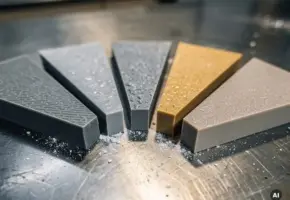 Zeven precisiegesneden kunststof materiaalstalen in waaierpatroon op stalen werkbank, met variërende texturen, diktes en snijstof.