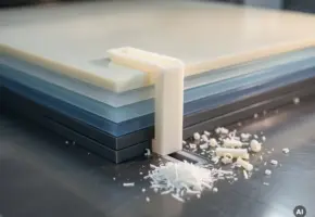 Precisiefrees kunststof onderdeel uit gelaagde plastic platen in ivoor, blauw en antraciet op stalen werkvlak met freesresten.